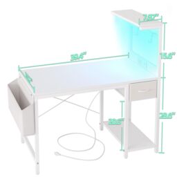 BEXEVUE Gaming Computer Desk with Power Outlets & Storage Drawer, 120X50/100×50cm in White - Size: 100 cm - thumbnail 4
