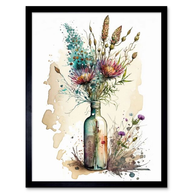 "Artery8 Wall Art Print Spring Flower Bouquet In Glass Wine Bottle Vase Art Framed in Black - Size: W12"" x H16""" - image 1