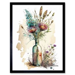"Artery8 Wall Art Print Spring Flower Bouquet In Glass Wine Bottle Vase Art Framed in Black - Size: W12"" x H16""" - thumbnail 1