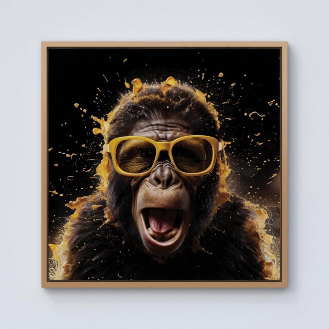 Warren Reed - Designer Splashart Monkey Face With Yellow Glasses Framed Canvas in Light Brown - Size: w10 inch x h10 inch - image 1
