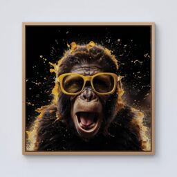 Warren Reed - Designer Splashart Monkey Face With Yellow Glasses Framed Canvas in Light Brown - Size: w10 inch x h10 inch - thumbnail 1
