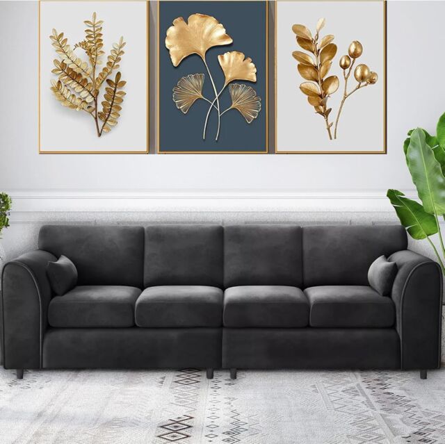 Furniture 786 Sleek 4 Seater Full Back Plush Velvet Sofa in Black - image 1
