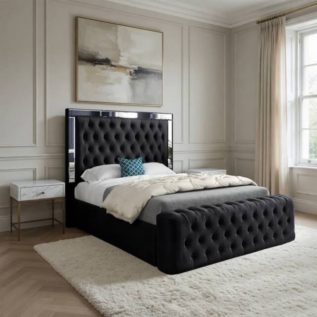 Casani Loweswater Mirror Upholstered Black Soft Velvet Designer Bed Frame - Size: Double - image 1