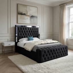 Casani Loweswater Mirror Upholstered Black Soft Velvet Designer Bed Frame - Size: Double - thumbnail 1
