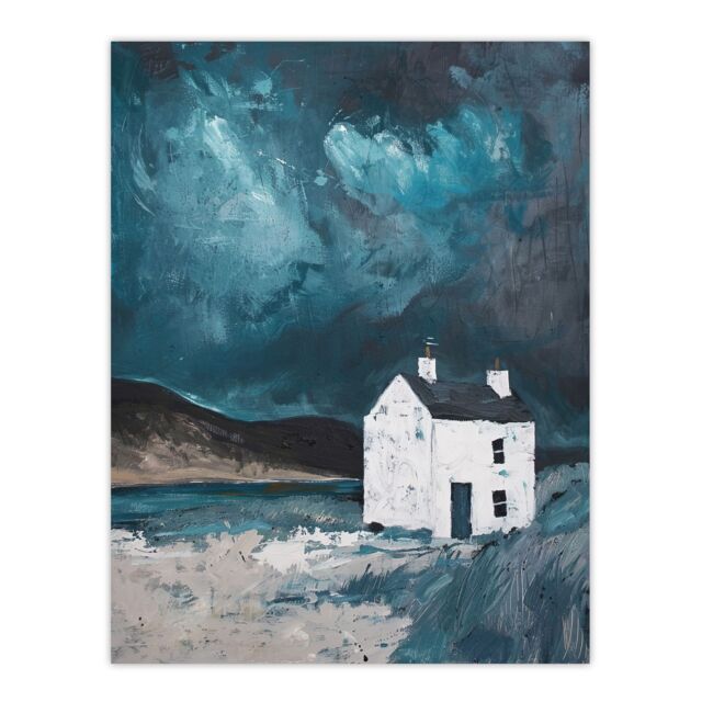 "Artery8 Scottish Coastal Cottage Night Oil Painting Hills Wall Art Print in Blue - Size: W24"" x H32""" - image 1