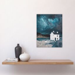 "Artery8 Scottish Coastal Cottage Night Oil Painting Hills Wall Art Print in Blue - Size: W24"" x H32""" - thumbnail 4