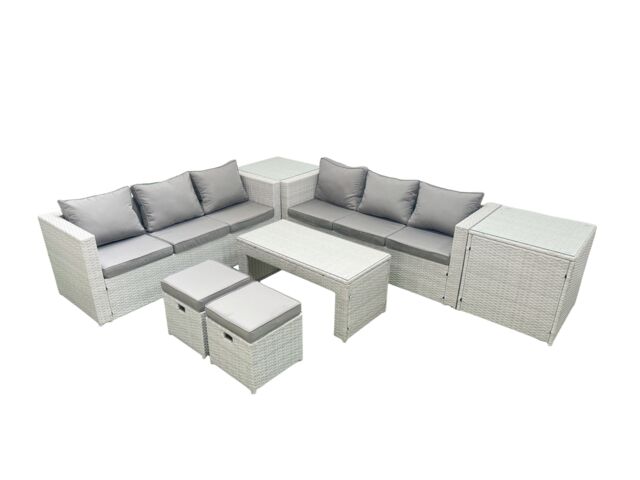 Fimous 8 Seater Garden Outdoor Rattan Furniture Set Rattan Garden Sofa Oblong Coffee Table with 2 Small Footstool 2 Side Tables Light Grey Mixed - image 1