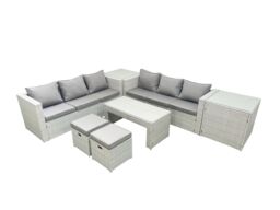 Fimous 8 Seater Garden Outdoor Rattan Furniture Set Rattan Garden Sofa Oblong Coffee Table with 2 Small Footstool 2 Side Tables Light Grey Mixed - thumbnail 1