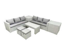 Fimous 8 Seater Garden Outdoor Rattan Furniture Set Rattan Garden Sofa Oblong Coffee Table with 2 Small Footstool 2 Side Tables Light Grey Mixed - thumbnail 2