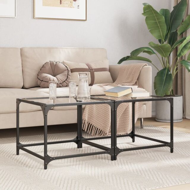 Berkfield Home Coffee Tables with Transparent Glass Top 2 pcs 50x50x40 cm Steel in Grey - Size: 50 x 50 x 40 cm - image 1