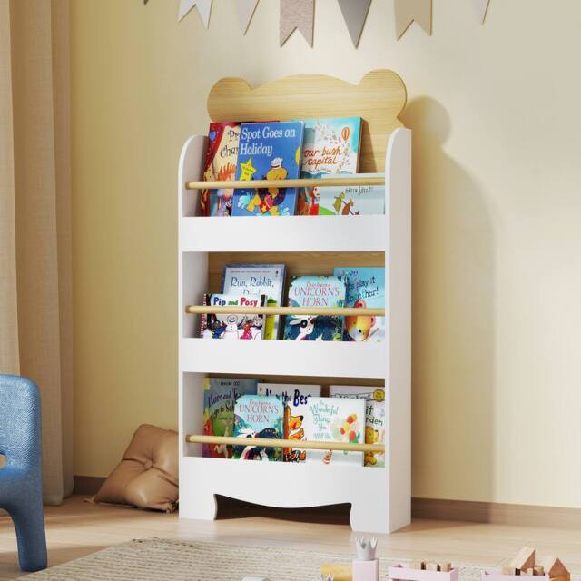 AIYAPLAY 3 Tier Kids Bookshelf Bear Theme Children Bookcase in White - Size: 110 cm x 15 cm