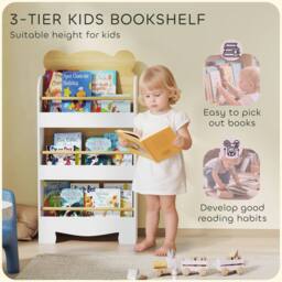 AIYAPLAY 3 Tier Kids Bookshelf Bear Theme Children Bookcase in White - Size: 110 cm x 15 cm - thumbnail 4