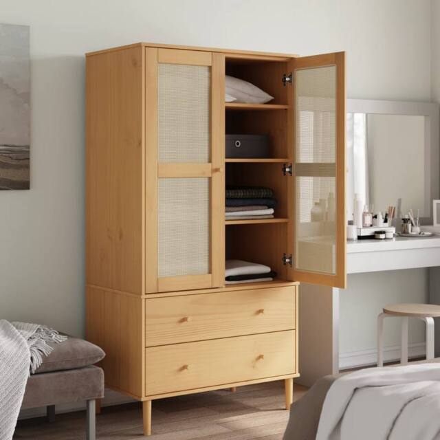 Berkfield Home Wardrobe SENJA Rattan Look Brown 90x55x175 cm Solid Wood Pine - Size: 90 x 55 x 175 cm - image 1