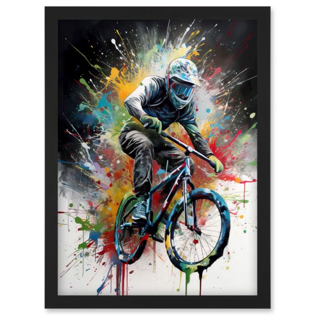 Artery8 Mountain Biking Extreme Sport Paint Splat Portrait Artwork Framed Wall Art Print A4 in Black - image 1