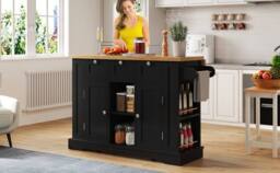 Merax 132cm Kitchen Island Trolley on Wheels with Socket & Foldable Top in Black - thumbnail 9