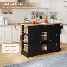 Merax 132cm Kitchen Island Trolley on Wheels with Socket & Foldable Top in Black - thumbnail 7