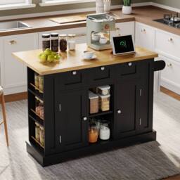 Merax 132cm Kitchen Island Trolley on Wheels with Socket & Foldable Top in Black - thumbnail 3