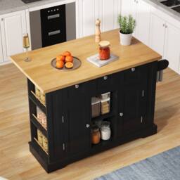 Merax 132cm Kitchen Island Trolley on Wheels with Socket & Foldable Top in Black - thumbnail 1