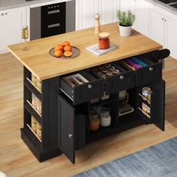 Merax 132cm Kitchen Island Trolley on Wheels with Socket & Foldable Top in Black - thumbnail 4