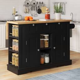Merax 132cm Kitchen Island Trolley on Wheels with Socket & Foldable Top in Black - thumbnail 2