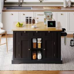 Merax 132cm Kitchen Island Trolley on Wheels with Socket & Foldable Top in Black - thumbnail 8