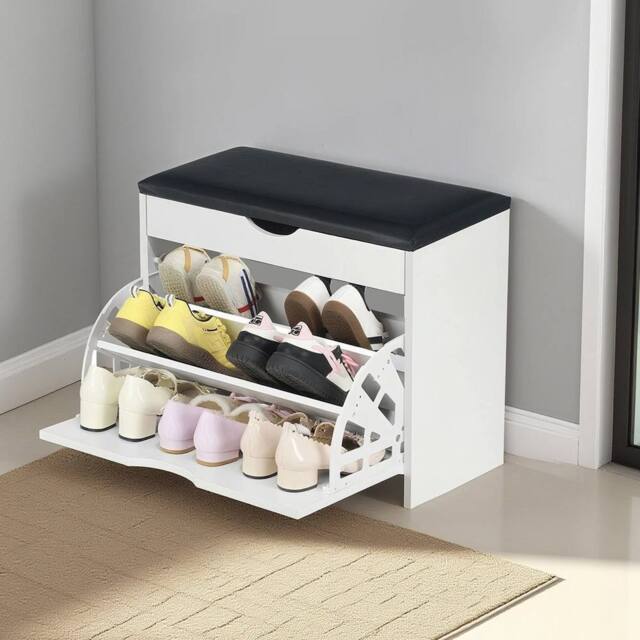 EONLION Shoe Bench Storage Cabinet in White - Size: 100 cm - image 1