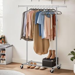 SONGMICS Portable Clothes Rack on Wheels with Extendable Rail in Silver