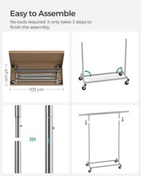 SONGMICS Portable Clothes Rack on Wheels with Extendable Rail in Silver - thumbnail 6