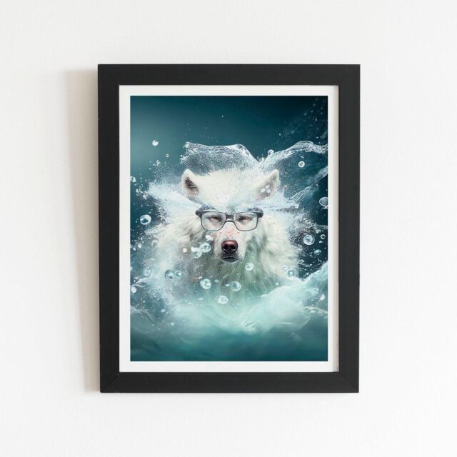"Warren Reed - Designer White Wolf With Glasses Splashart Framed Art Print in Black - Size: W20"" x H30""" - image 1
