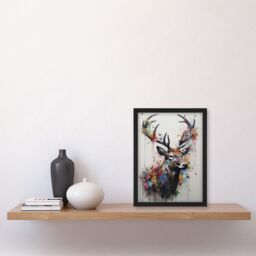 Artery8 Modern Monarch Of The Glen Stag Painting With Butterflies Artwork Framed Wall Art Print A4 in Black - thumbnail 4