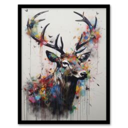 Artery8 Modern Monarch Of The Glen Stag Painting With Butterflies Artwork Framed Wall Art Print A4 in Black - thumbnail 1