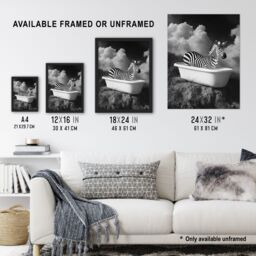 Artery8 Zebra Bath Time in Bathtub Black White Surreal Framed Art Print in Grey - Size: A4 - thumbnail 3