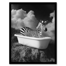 Artery8 Zebra Bath Time in Bathtub Black White Surreal Framed Art Print in Grey - Size: A4 - thumbnail 1
