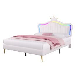 Matteo Double Cream White PU Leather Upholstered LED Adjustable Crown Headboard Bed Frame - thumbnail 9
