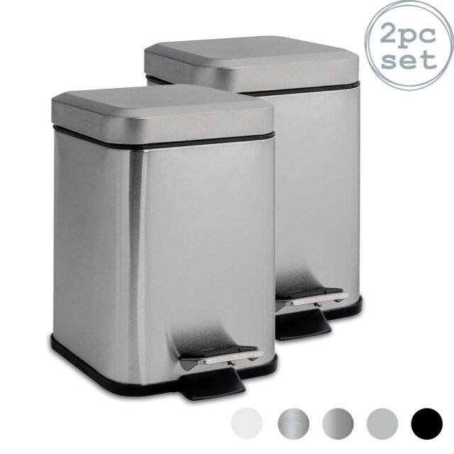 Harbour Housewares 2x Square Bathroom Pedal Bins 3L Stainless Steel Slim Rubbish Dustbin in Metallic Silver - image 1