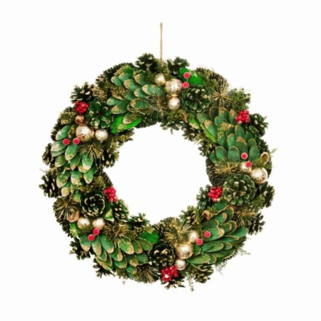 Samuel Alexander 50cm Bauble & Pinecone Hanging Christmas Wreath with Red Berries in Green - image 1