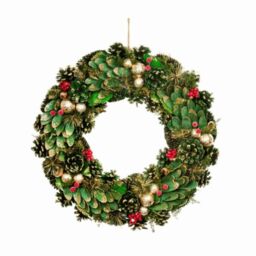 Samuel Alexander 50cm Bauble & Pinecone Hanging Christmas Wreath with Red Berries in Green - thumbnail 1
