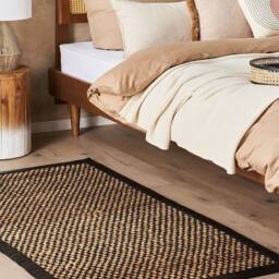 Wyld and Coco Handwoven Jute Rug 80 x 150 cm - Black and Beige with Leather Accents - Size: 80 cm x 150 cm