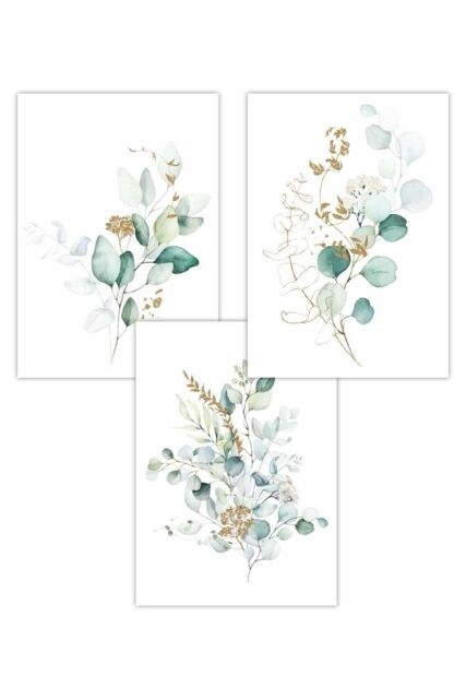 ARTZE Set of 3 Green Blue Watercolour Eucalyptus Set 1 Art Posters in Light Green - Size: W50 cm x H70 cm - image 1