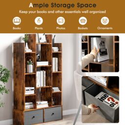 Costway 12 Tier Bookshelf Open Storage Wood Bookcase Organizer Display Shelf in Brown - thumbnail 3
