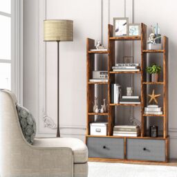 Costway 12 Tier Bookshelf Open Storage Wood Bookcase Organizer Display Shelf in Brown - thumbnail 6