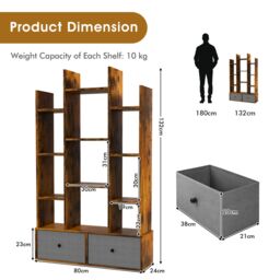 Costway 12 Tier Bookshelf Open Storage Wood Bookcase Organizer Display Shelf in Brown - thumbnail 5