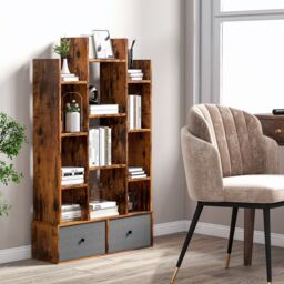 Costway 12 Tier Bookshelf Open Storage Wood Bookcase Organizer Display Shelf in Brown - thumbnail 2