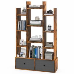 Costway 12 Tier Bookshelf Open Storage Wood Bookcase Organizer Display Shelf in Brown - thumbnail 1
