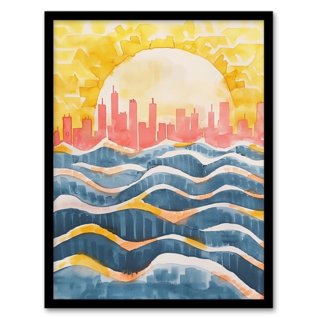 "Artery8 New York City Water Skyline Sunset Cityscape Framed Wall Art in Yellow - Size: W12"" x H16""" - image 1