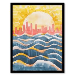 "Artery8 New York City Water Skyline Sunset Cityscape Framed Wall Art in Yellow - Size: W12"" x H16""" - thumbnail 1