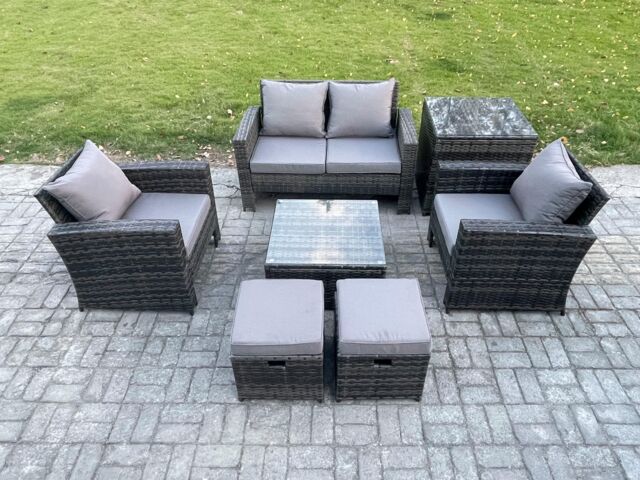 Fimous Outdoor Lounge Sofa Set Wicker PE Rattan Garden Furniture Set with Armchair Square Coffee Table Double Seat Sofa Side Table in Dark Grey