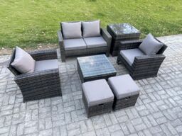 Fimous Outdoor Lounge Sofa Set Wicker PE Rattan Garden Furniture Set with Armchair Square Coffee Table Double Seat Sofa Side Table in Dark Grey - thumbnail 2