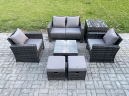 Fimous Outdoor Lounge Sofa Set Wicker PE Rattan Garden Furniture Set with Armchair Square Coffee Table Double Seat Sofa Side Table in Dark Grey - thumbnail 1
