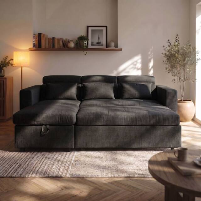 Sofaya Chelsea Sofa Bed Linen Convertible Universal L Shape Corner Chaise in Charcoal - Size: 3 Seater - image 1